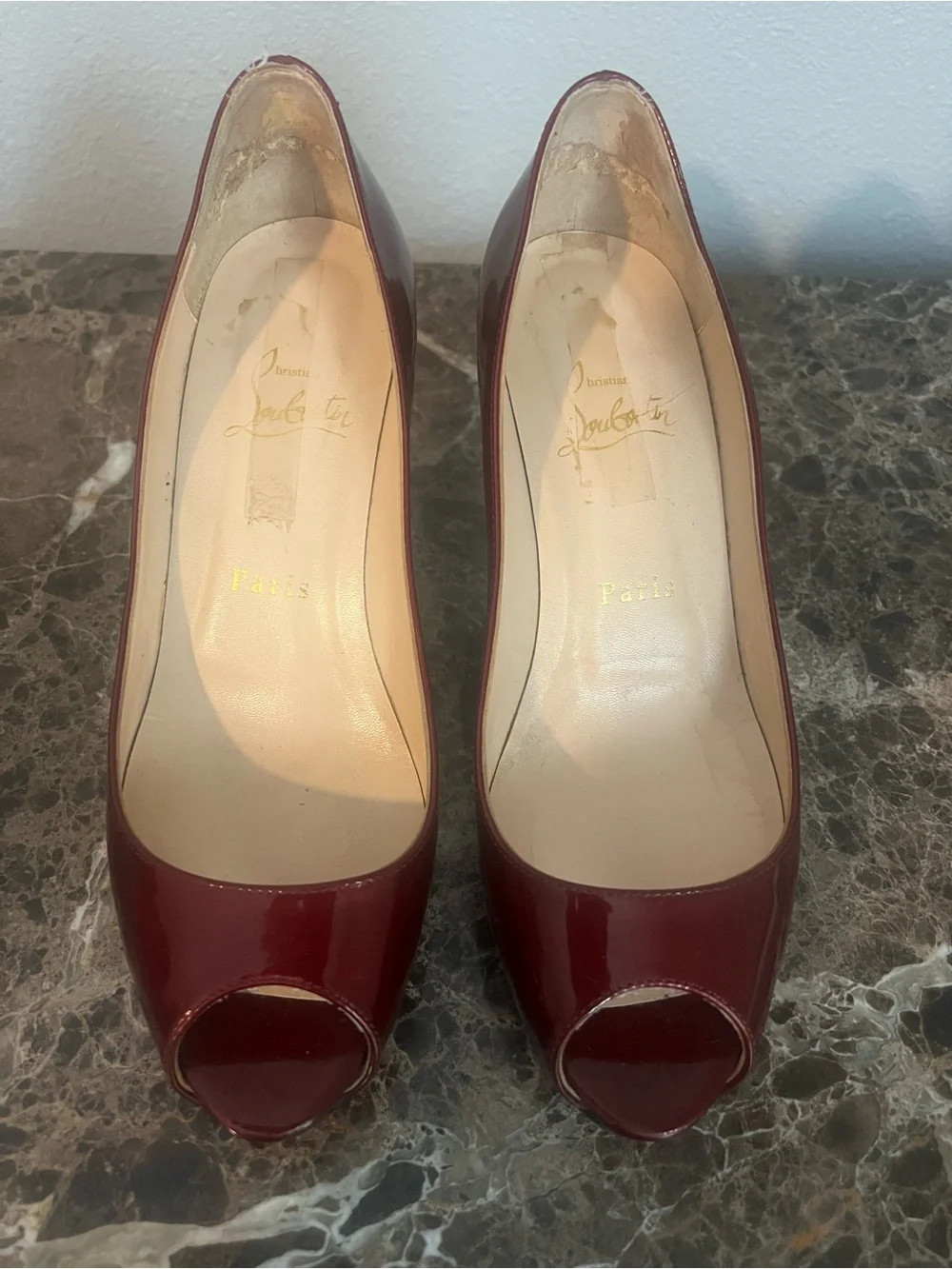 Christian Louboutin Shimmering Burgundy Patent Leather Prive 70mm Platform Pumps
